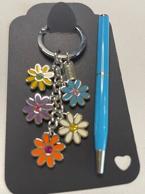 Coach Daisy Charm Keychain with Colorful Enamel Flowers and Coach Pen
